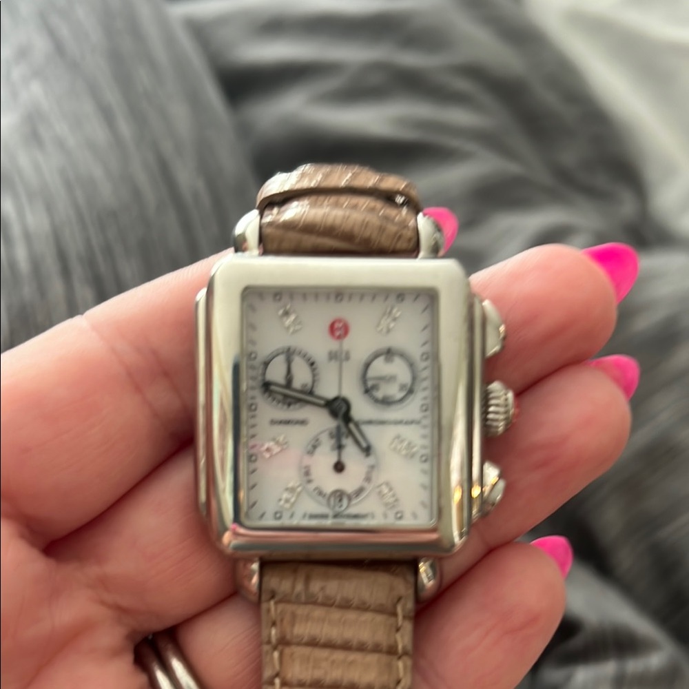 Elegant Michele Square Watch with Silver Case and diamonds